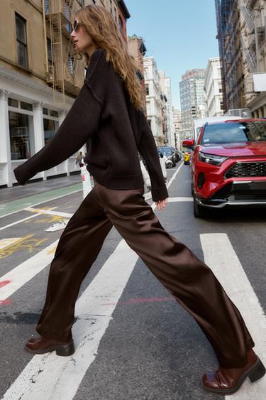 SATIN STRAIGHT-LEG TROUSERS - Brown by Zara - Image 4