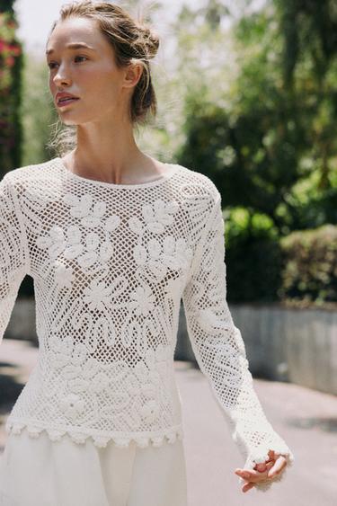 Zara EMBROIDERED LACE TOP - White