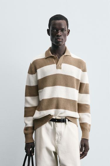 COTTON/LINEN KNITTED POLO SHIRT - Brown Stripes by Zara