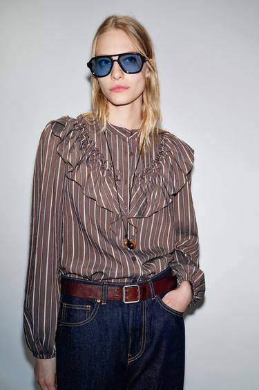 CAMISA RAYAS VOLANTES - Marrón-Azul de Zara