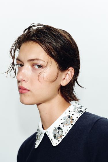 KNIT JUMPER WITH JEWEL BEADS - Navy blue by Zara - Image 3