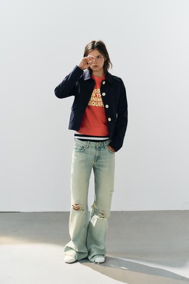Zara TRF MID-RISE RIPPED JEANS - Blue / Green