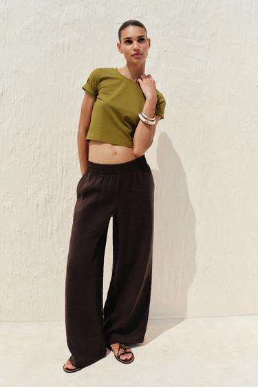 Zara CROPPED STRETCH T-SHIRT - Olive green