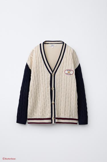 CABLE-KNIT CARDIGAN WITH BUTTERBEAR © EMBROIDERY - Dark navy by Zara