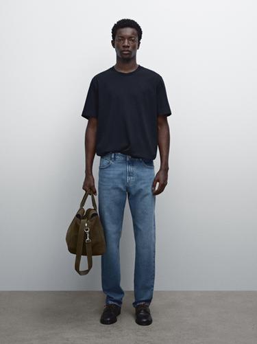 T-shirt à col côtelé en coton - Bleu marine de Zara - Image 0
