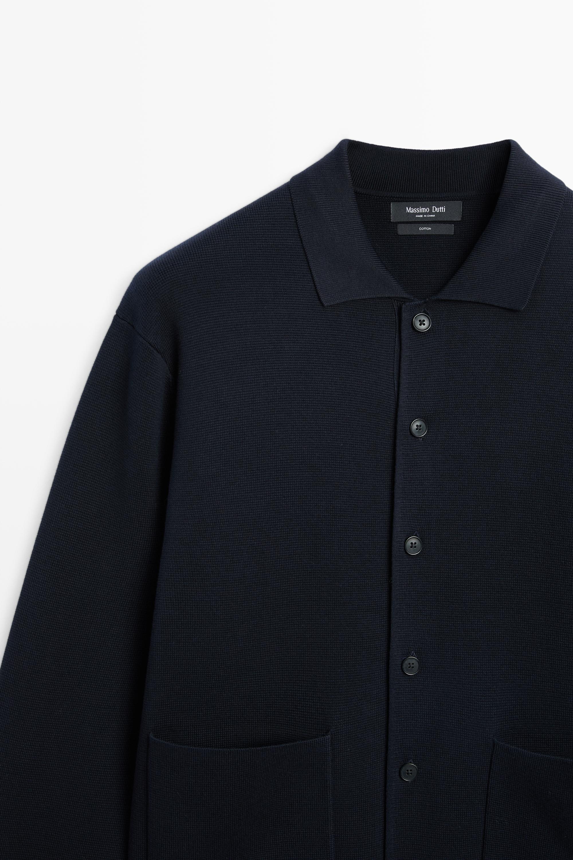 100% cotton knit polo collar cardigan — Navy blue