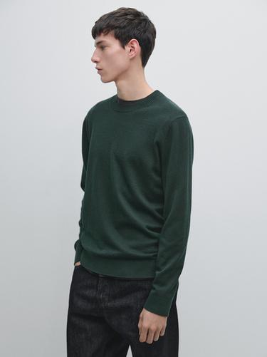 Zara Knit cotton and wool sweater with crew neck - Bottle green