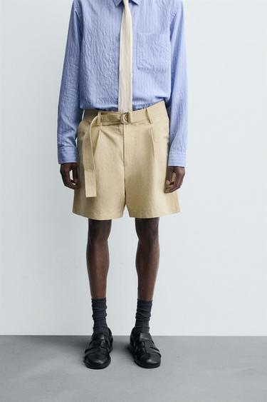 BERMUDASHORTS AUS BAUMWOLLE UND LEINEN MIT GÜRTEL - Butterfarben von Zara