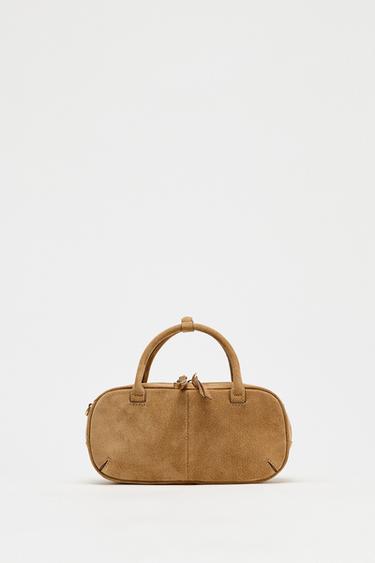 Zara MINI SPLIT LEATHER BOWLING BAG - SAND/BROWN