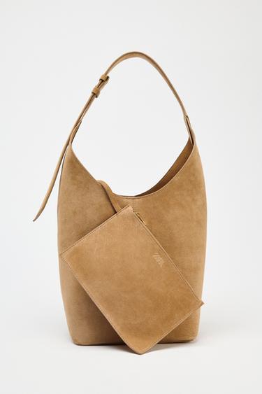 LEATHER MAXI BUCKET BAG WITH HANDLE DETAIL - SAND/BROWN by Zara - Image 4