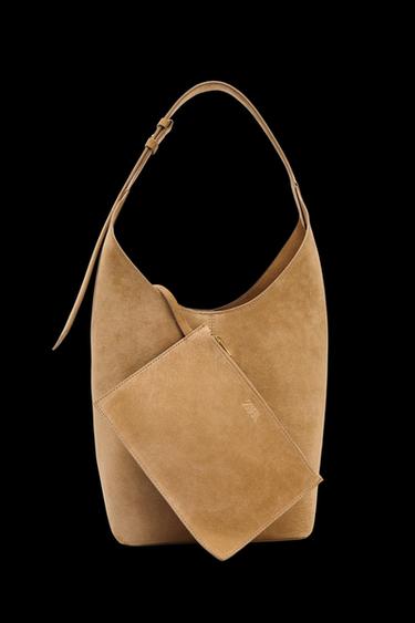 Zara LEATHER MAXI BUCKET BAG WITH HANDLE DETAIL - SAND/BROWN