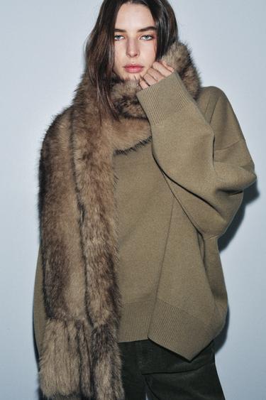 Zara PLAIN FAUX FUR FRINGED SCARF - Light camel