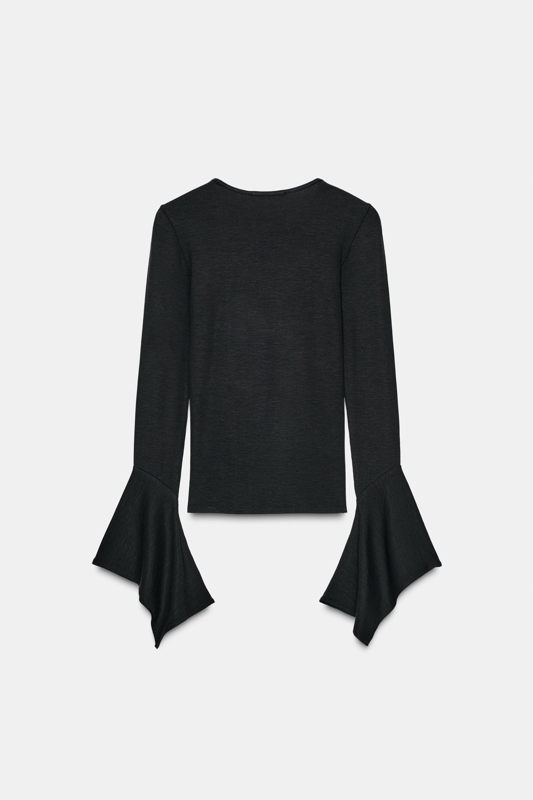 T-SHIRT WITH RUFFLE SLEEVES - Black | ZARA Turkey