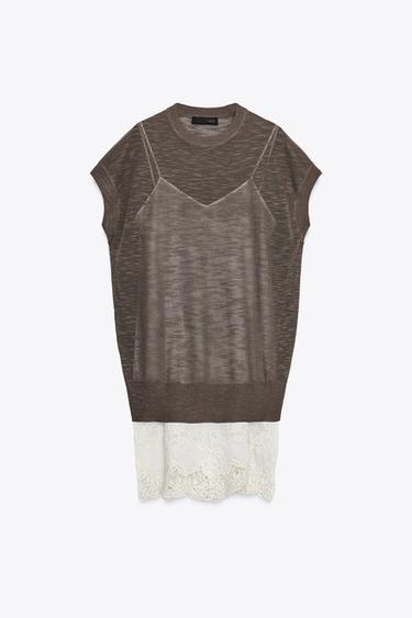Zara COMBINATION KNIT DRESS - Brown / Taupe