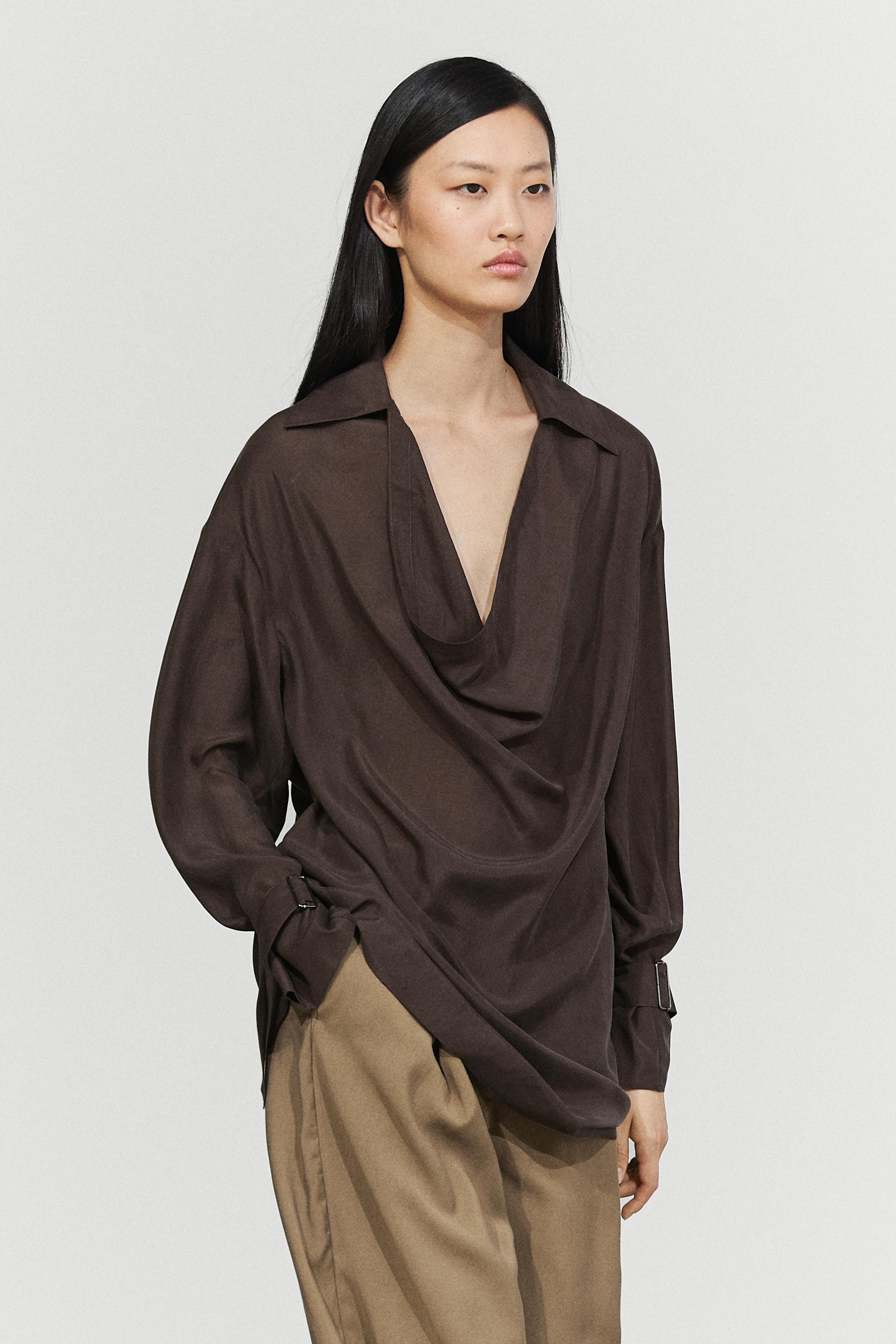 100% Silk Draped Neckline Flowy Shirt
