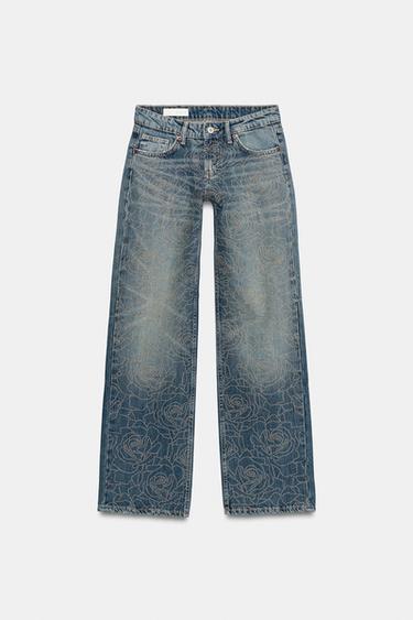 Zara TRF LOW-RISE LOOSE-FIT RHINESTONE JEANS - Blue