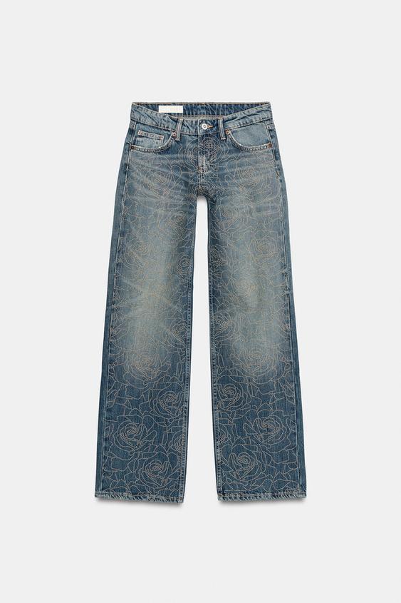Zara TRF LOW-RISE LOOSE-FIT RHINESTONE JEANS - Blue - Image 0