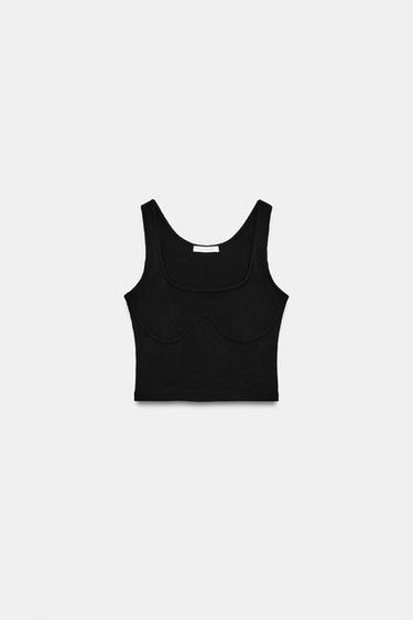 Zara RIBBED CROP TANK TOP - Black