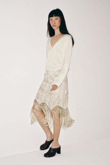 ZW COLLECTION EMBROIDERED FRINGED SKIRT - Ecru by Zara - Image 3