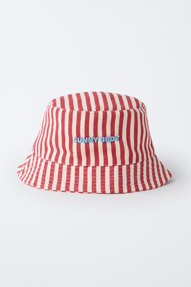 BONNET BUCKET RAYURES ET TEXTE BRODÉ - Rouge de Zara - Image 3