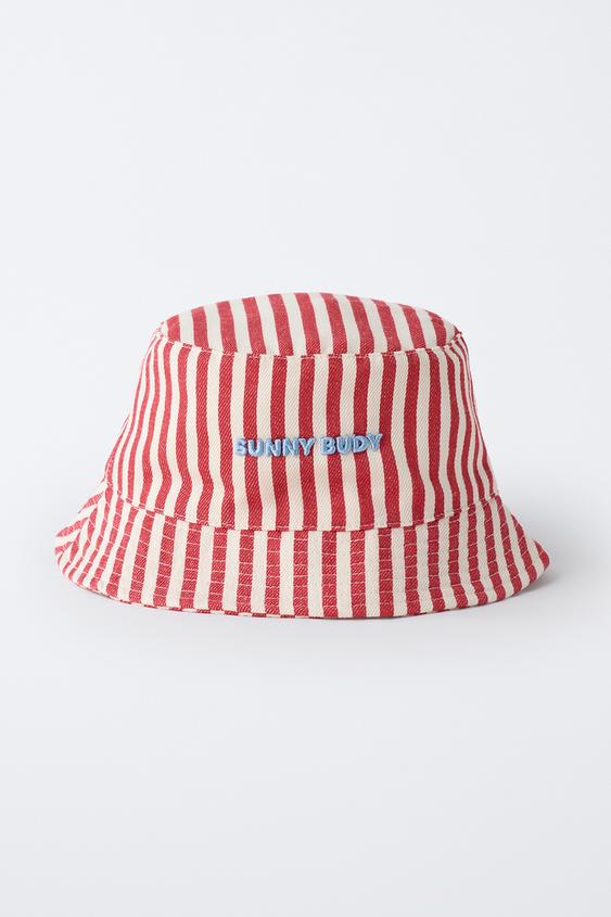 BONNET BUCKET RAYURES ET TEXTE BRODÉ - Rouge de Zara - Image 3