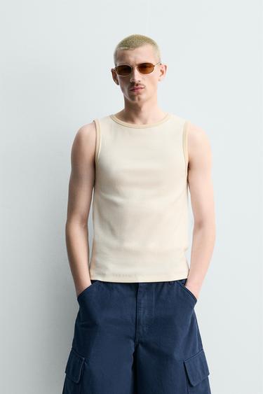 CONTRAST RIBBED TANK TOP - Ecru by Zara
