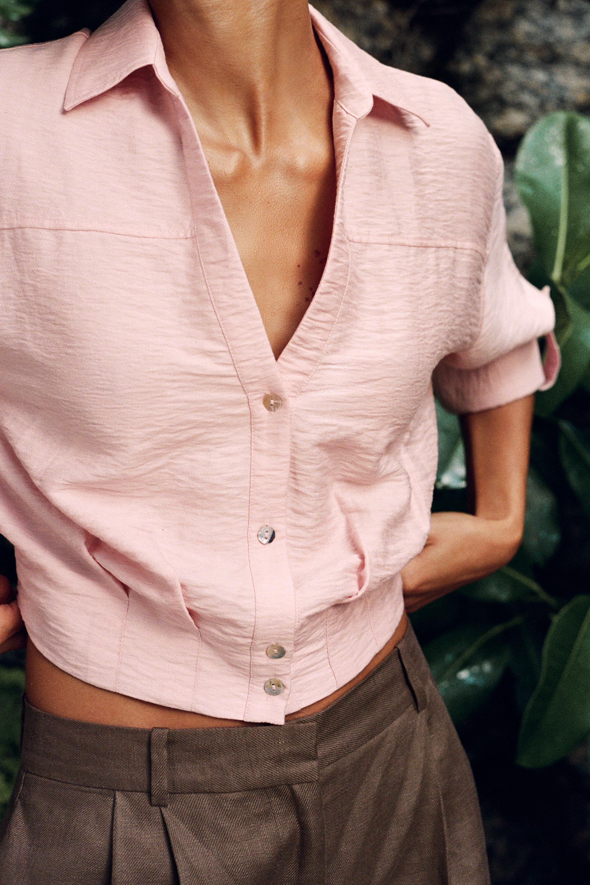 CROPPED LINEN BLEND SHIRT — Beige-pink