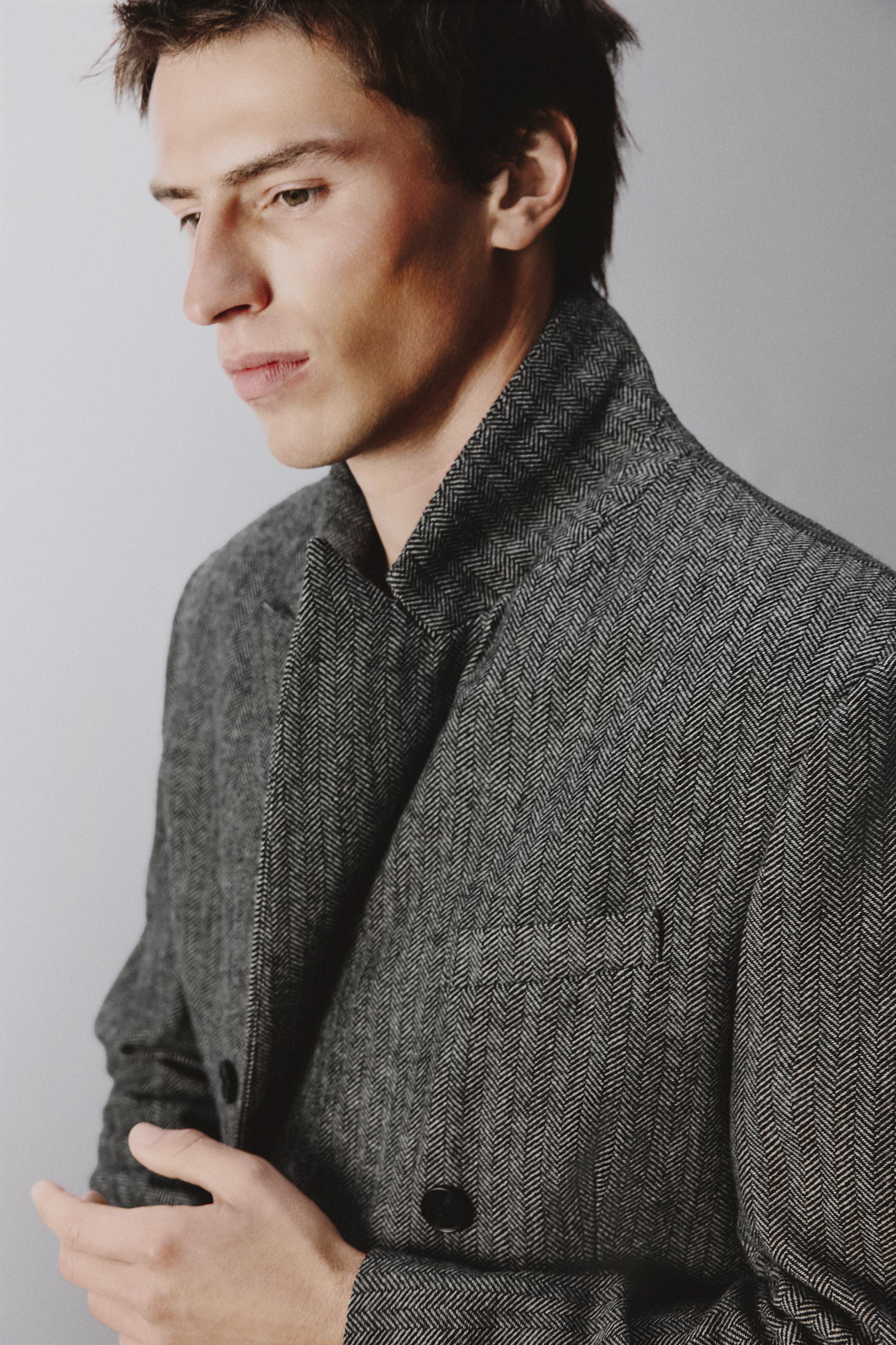 HERRINGBONE STRUCTURED WOOL BLEND SUIT JACKET