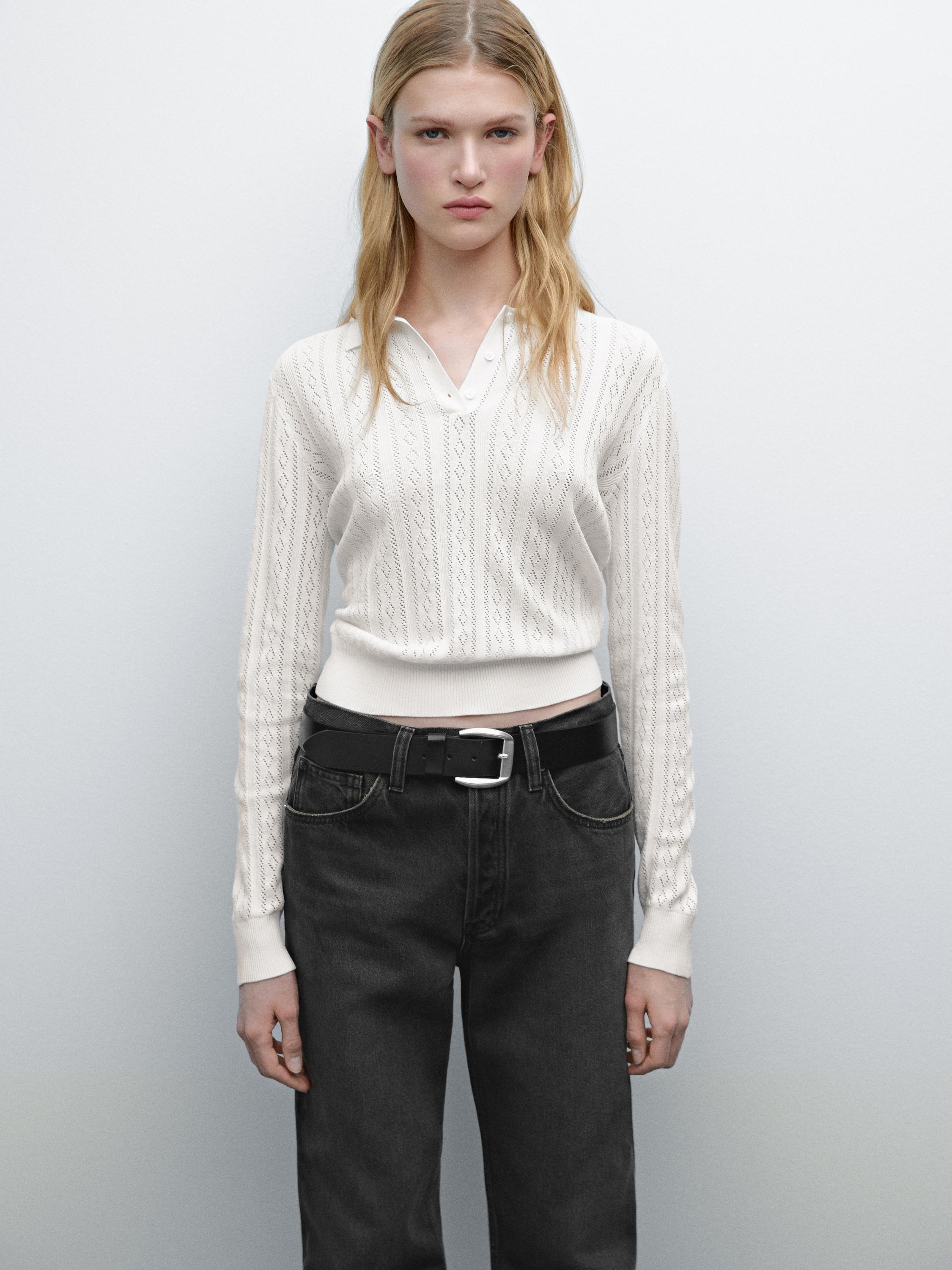 Cotton blend knit polo collar sweater - Ecru | ZARA United