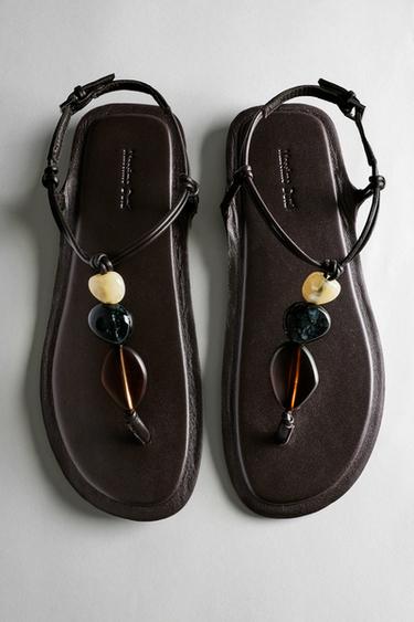 Zara Flat slider sandals with stones - Brown - Image 0