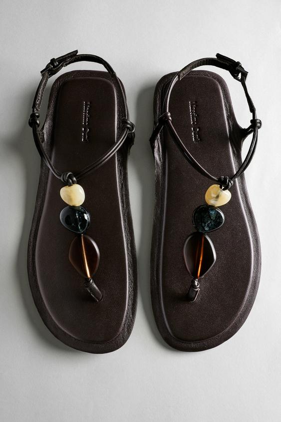 Zara Flat slider sandals with stones - Brown - Image 0