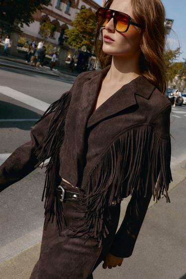 FRINGED FAUX SUEDE JACKET - Chocolate brown by Zara - Image 4