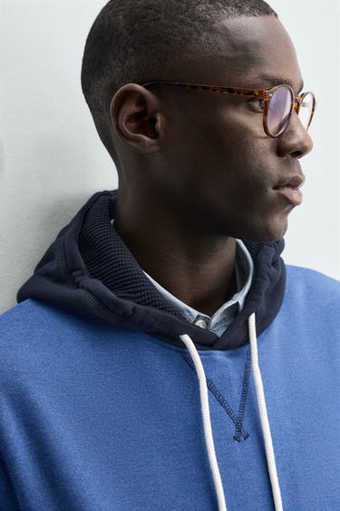 Zara COLOR BLOCK WAFFLE HOODIE SWEATSHIRT - Blue