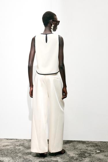 CONTRAST PIPED CREPE TOP - Ecru / Black by Zara - Image 3