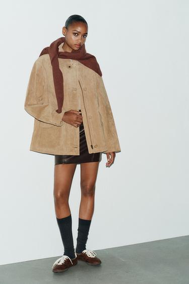 JACHETĂ 100% PIELE ÎNTOARSĂ - Nisip deschis de la Zara