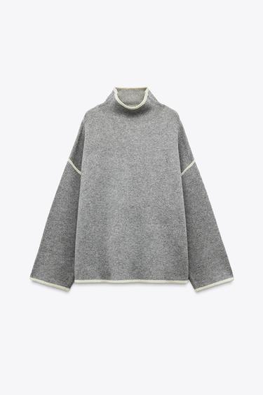 PULL EN MAILLE AVEC LISERÉS EN CONTRASTE - Gris de Zara