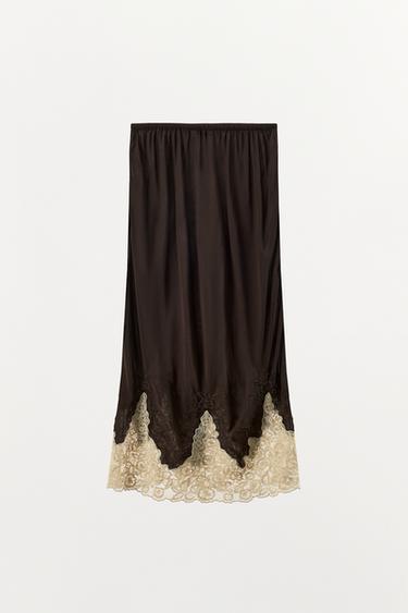 JUPE MI-LONGUE 100% VISCOSE BRODERIES DENTELLE - Marron foncé de Zara - Image 5