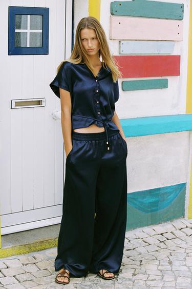 SATIN SHIRT WITH BELT - Navy blue by Zara