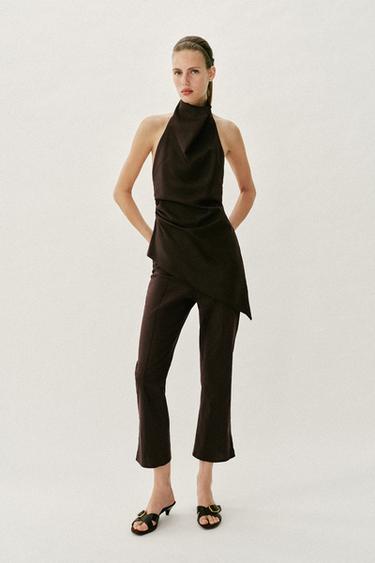Zara MINI FLARE LINEN PANTS - Dark brown - Image 0