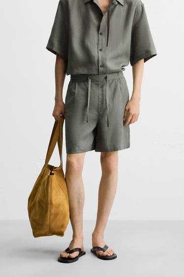100% LINEN BERMUDA SHORTS - Green / Blue by Zara