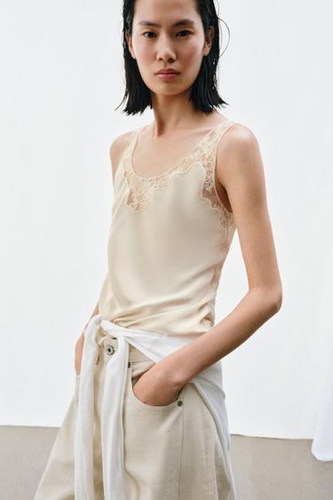 ZW COLLECTION SATIN LACE TOP - Ecru by Zara