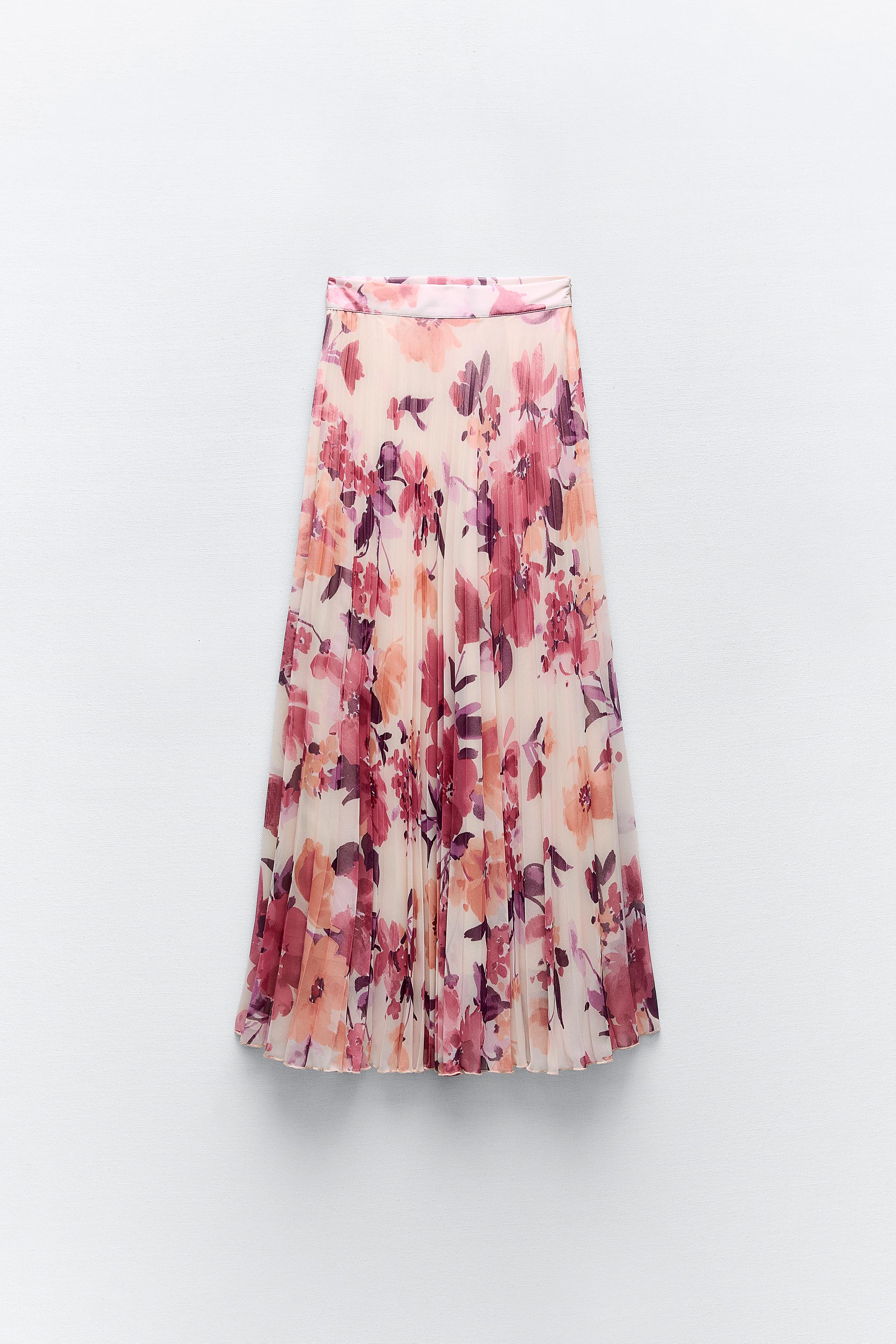 Zara floral print blouse with maxi skirt, Chic Wish nude pleated