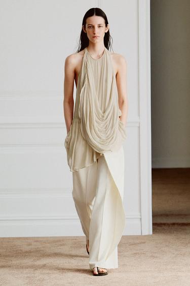 ZW COLLECTION DRAPED DOT HALTER TOP - Brown / Ecru by Zara