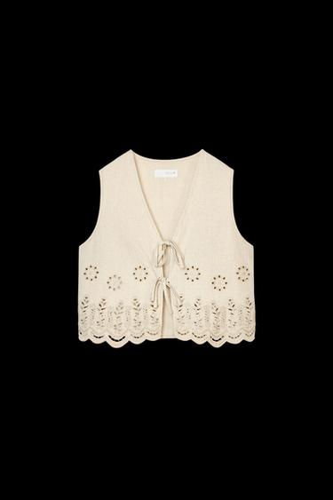 LINEN BLEND WAISTCOAT WITH CUTWORK EMBROIDERY - Ecru by Zara - Image 0