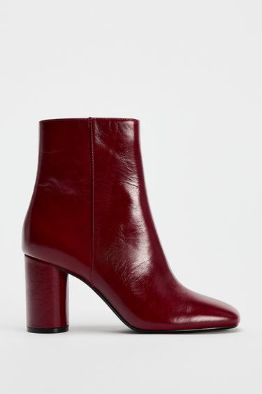 LEATHER HEELED ANKLE BOOTS - Burgundy Red by Zara