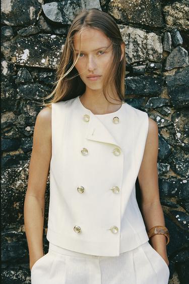 DOUBLE-BREASTED LINEN BLEND WAISTCOAT - Ecru by Zara - Image 2