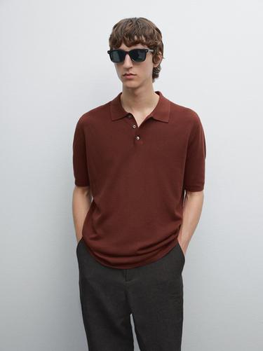 Zara 100% cotton textured knit polo shirt - Dark russet