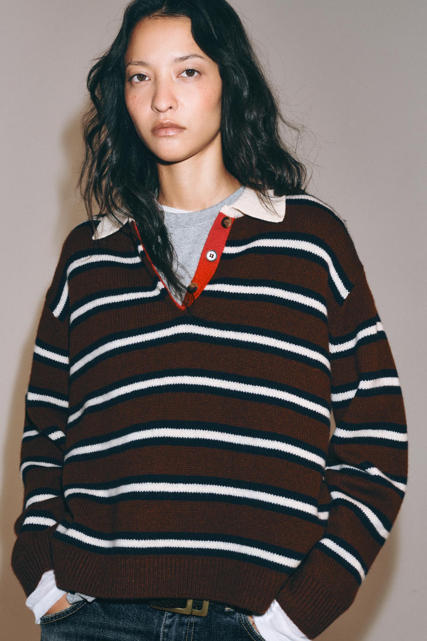 Женское поло Zara 100% Wool Striped Polo, цвет: Коричневый / Экрю — фото 4