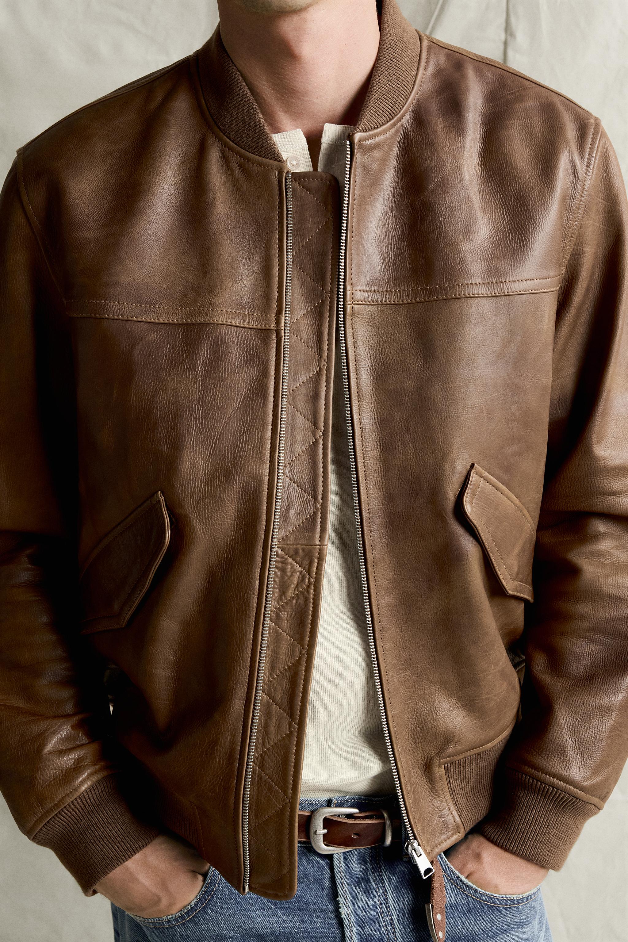 Мужские куртки Zara VINTAGE-EFFECT LEATHER BOMBER JACKET — фото 6