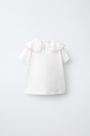 EMBROIDERED CONTRAST COLLAR TOP — White 2